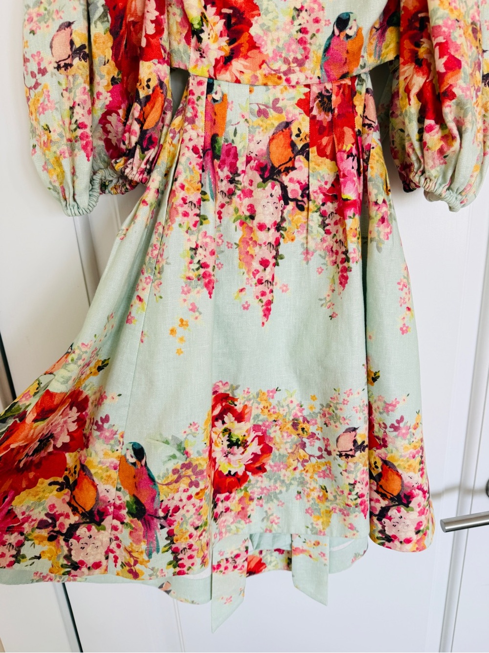 Zimmermann Mint Floral Puff-Sleeve Cut Out Mae Mini Dress Sz 1 AU - Picture 10 of 15